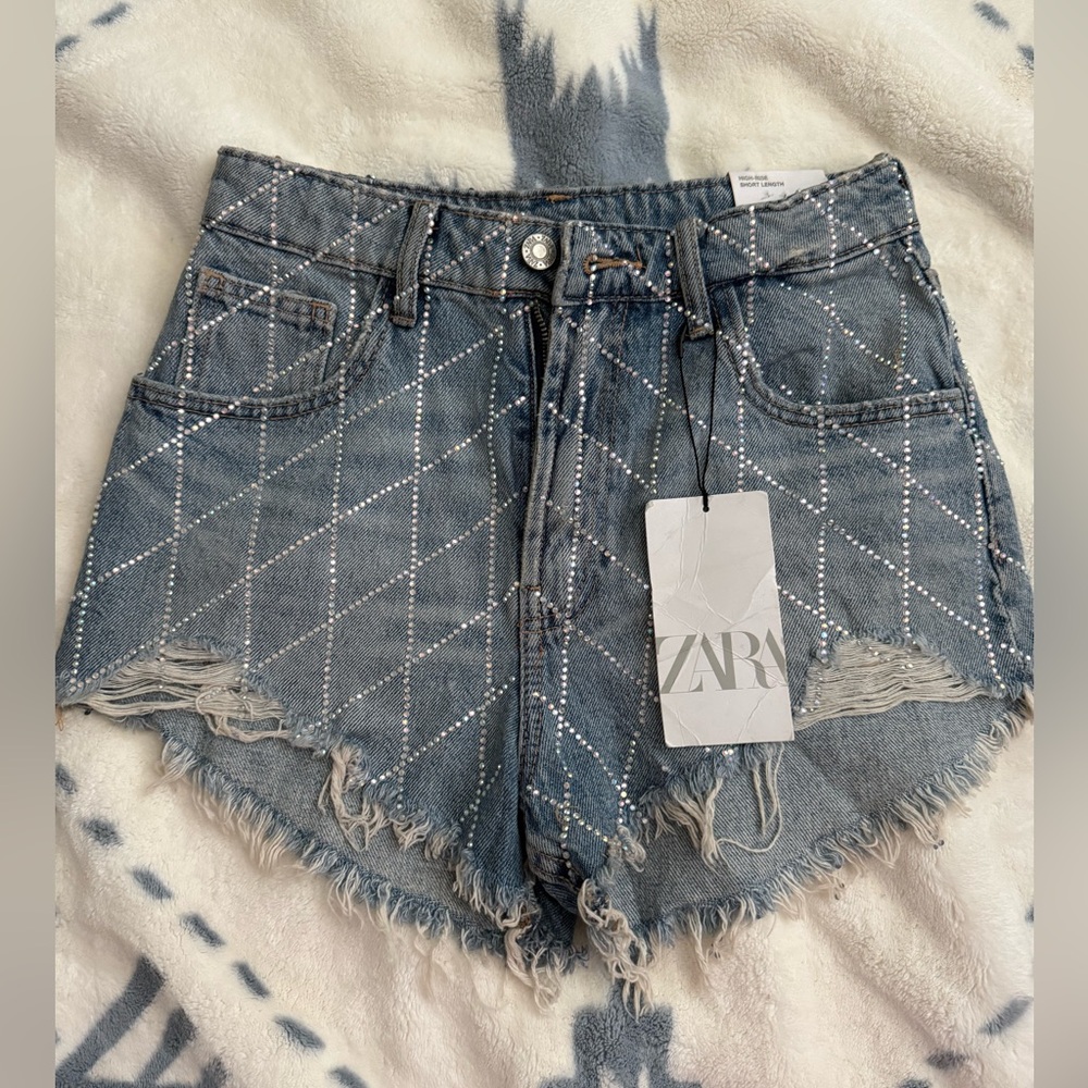 Zara Blue Distressed Denim Jean Shorts with Rhinestone Grid